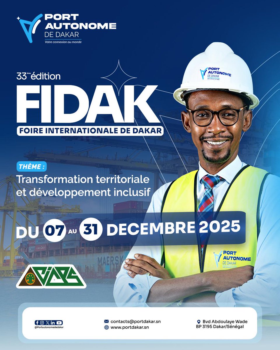 portdakar's tweet image. Le PAD est fier de participer à la  33ème édition de la FIDAK. Ce qui reflète notre volonté d'être ouvert, connecté et en dialogue permanent avec l'ensemble des acteurs économiques.
Nous vous attendons nombreux sur notre stand au Pavillon Sénégal 
#PAD #PortDeDakar #FIDAK2024