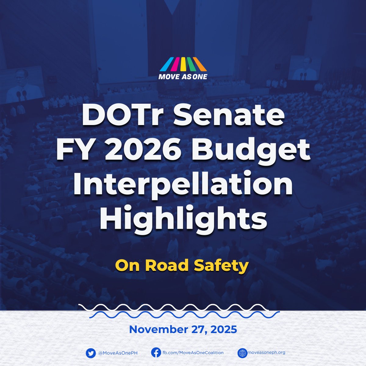 MoveAsOnePH's tweet image. DOTr Senate Budget Interpellation Highlights

Sa pagtalakay ng Senado sa budget ng DOTr para 2026, binigyang-diin nina Sen. Bong Go at Sen. Tito Sotto ang lumalalang kaso ng road crashes at kakulangan ng pondo para sa Philippine Road Safety Action Plan (PRSAP 2023–2028).
