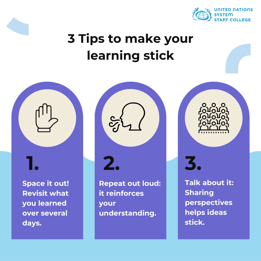 UNSSC's tweet image. Want to make your learning stick? 📌

Whether you’re deep into a course or picking up new skills on the go, these three tips can help boost your learning retention and make every minute of learning count!

#LifelongLearning #UNSSC #UnleashYourPotential