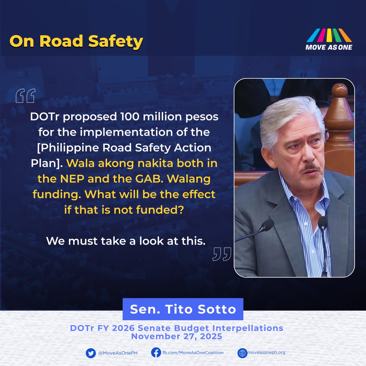 MoveAsOnePH's tweet image. DOTr Senate Budget Interpellation Highlights

Sa pagtalakay ng Senado sa budget ng DOTr para 2026, binigyang-diin nina Sen. Bong Go at Sen. Tito Sotto ang lumalalang kaso ng road crashes at kakulangan ng pondo para sa Philippine Road Safety Action Plan (PRSAP 2023–2028).