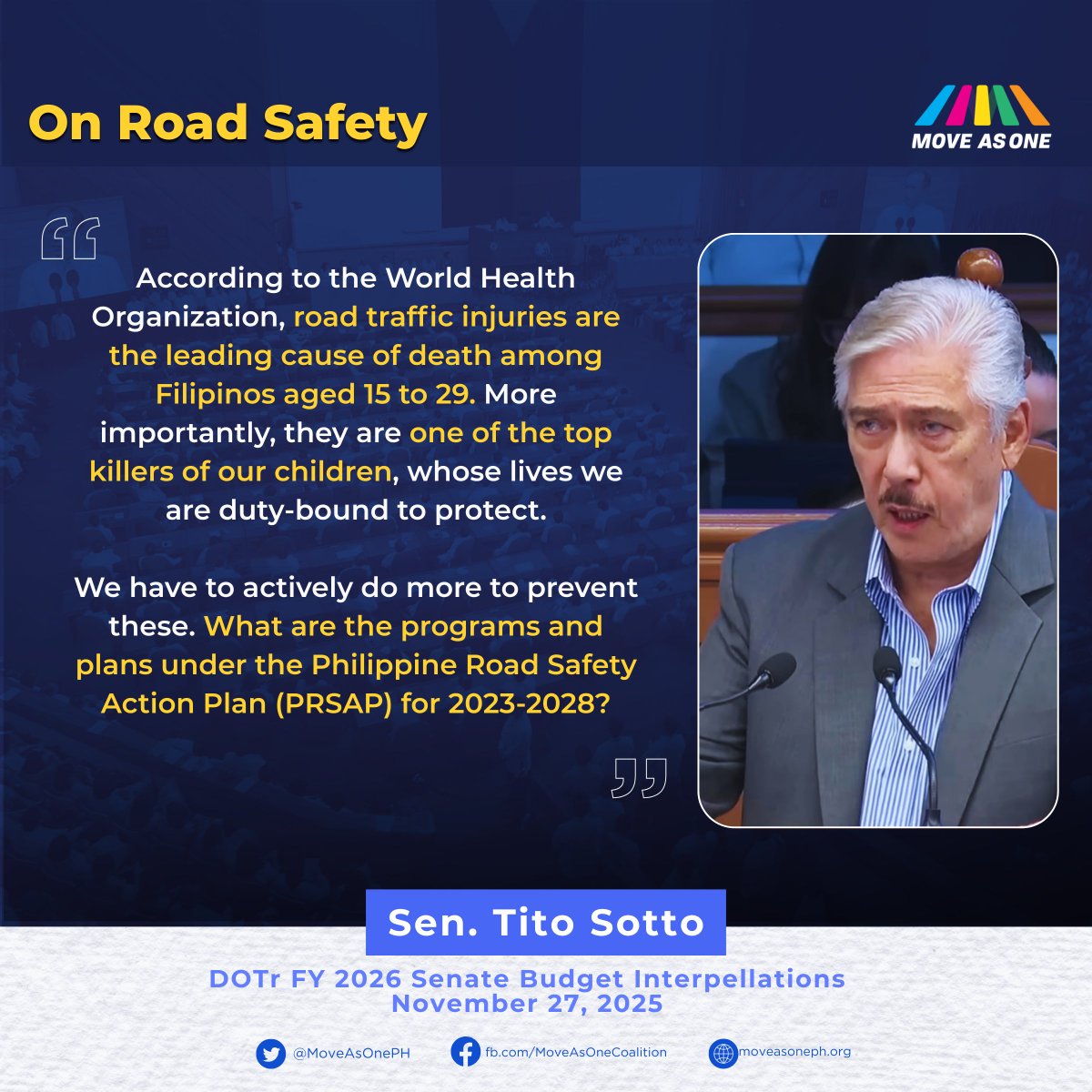 MoveAsOnePH's tweet image. DOTr Senate Budget Interpellation Highlights

Sa pagtalakay ng Senado sa budget ng DOTr para 2026, binigyang-diin nina Sen. Bong Go at Sen. Tito Sotto ang lumalalang kaso ng road crashes at kakulangan ng pondo para sa Philippine Road Safety Action Plan (PRSAP 2023–2028).