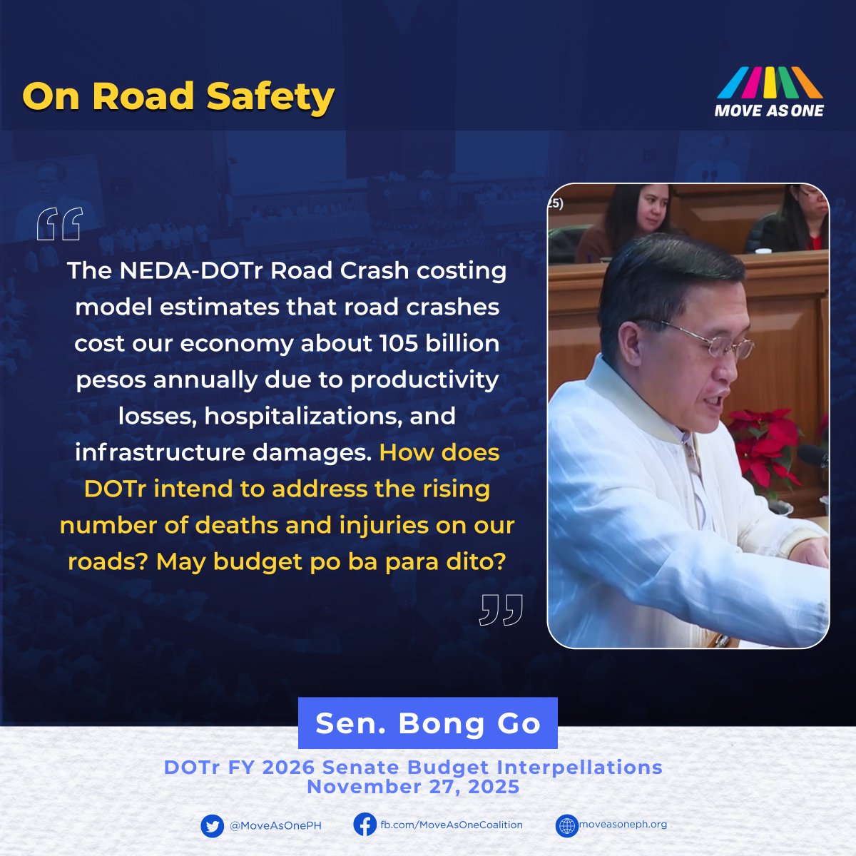 MoveAsOnePH's tweet image. DOTr Senate Budget Interpellation Highlights

Sa pagtalakay ng Senado sa budget ng DOTr para 2026, binigyang-diin nina Sen. Bong Go at Sen. Tito Sotto ang lumalalang kaso ng road crashes at kakulangan ng pondo para sa Philippine Road Safety Action Plan (PRSAP 2023–2028).