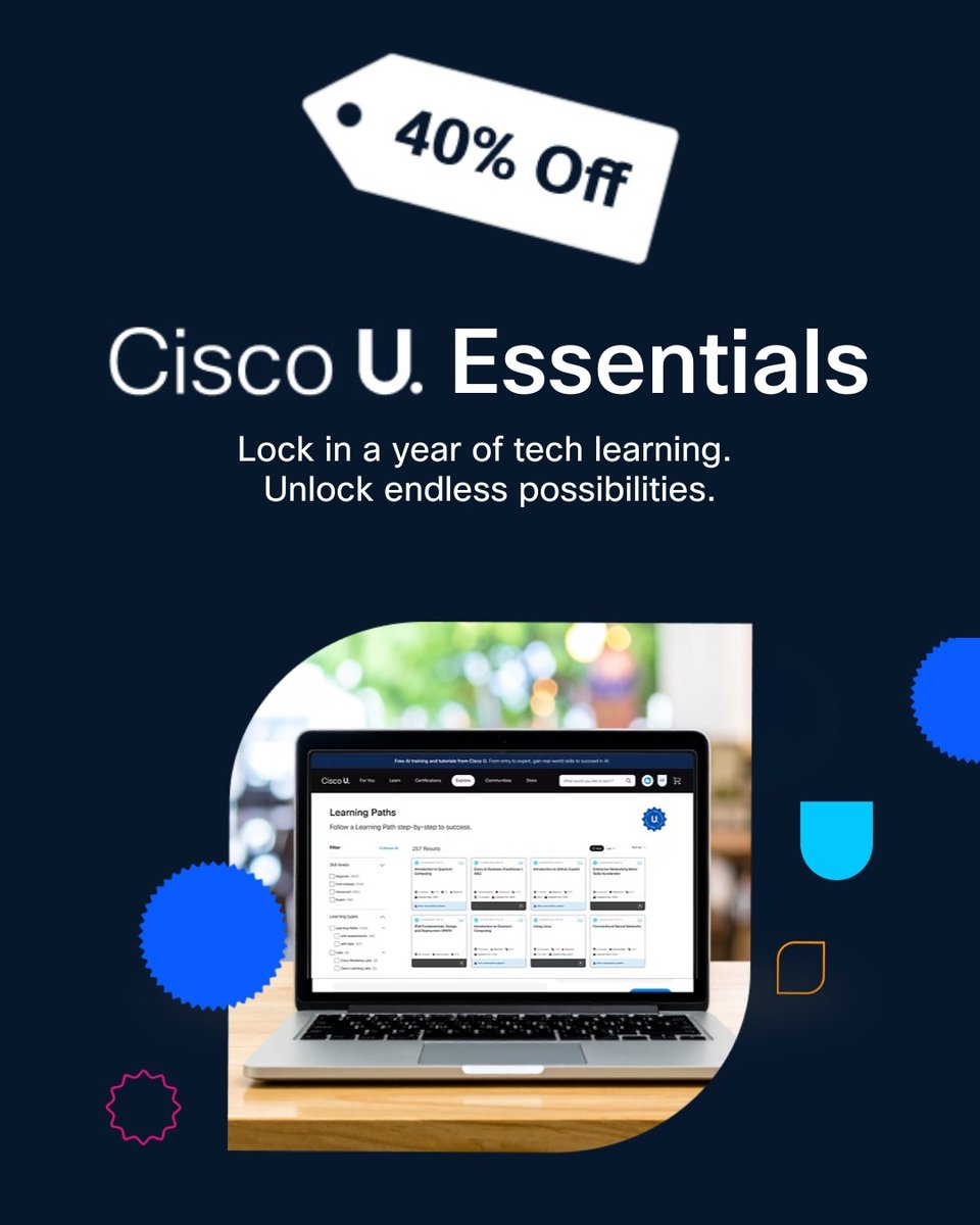 LearningatCisco's tweet image. Only a few hours left to lock in this deal... 👀 

Act now to save 40% on Cisco U. Essentials—this offer expires December 1, 2025, at 8 a.m. Pacific Time.

🔗 Shop now: cs.co/60187xZau

#CiscoU