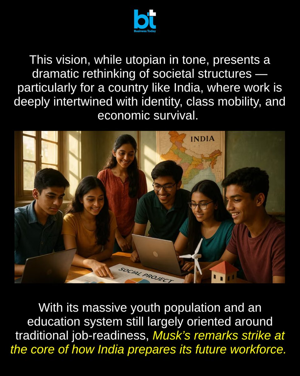 business_today's tweet image. #TechToday | Speaking to investor and entrepreneur #NikhilKamath on the People of WTF podcast, #Tesla CEO and xAI founder #ElonMusk offered a radical glimpse into the not-so-distant future: a world where human work becomes optional, thanks to the rise of #AI and #robotics. 

In