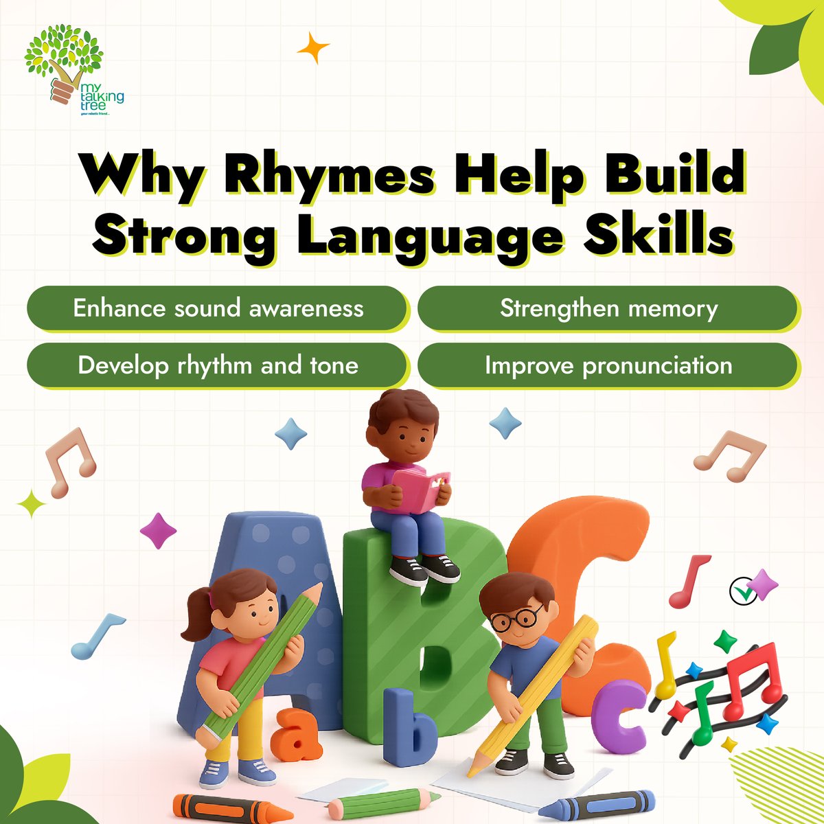 MyTalkingTree10's tweet image. Little learners absorb language faster when early experiences are fun, musical, and interactive. 🎶✨ Rhyming sessions spark curiosity, sharpen listening skills, and make every learning moment memorable.

#EarlyLearning #LanguageDevelopment #KidsEducation #InteractiveLearning