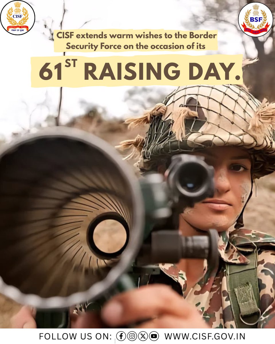 CISFHQrs's tweet image. On the 61st BSF Raising Day, CISF congratulates @BSF_India and salutes the indomitable spirit of every BSF guardian protecting our nation’s sovereignty. Their courage, discipline and unwavering commitment reflect the finest traditions of India’s border protectors.

With steadfast…