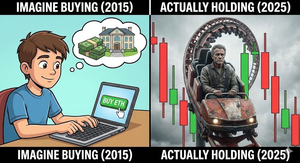 rich_adul's tweet image. “如果我在 2015 年投资 1 万美元购买以太坊，我现在就拥有 2 亿美元了。”

不。

如果你在 2015 年购买了价值 10,000 美元的 ETH，并眼睁睁地看着它涨到：

1万美元→ 100万美元→ 1400万美元

然后什么也没做

然后眼睁睁看着1400万美元变成39万美元。

仍然什么也没做…