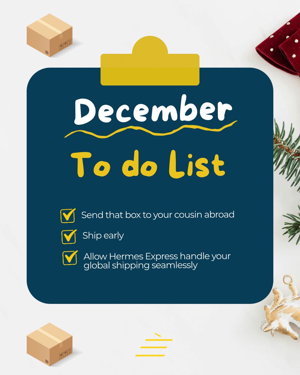 hermes_exp's tweet photo. Your December to-do list is simple:
Ship it all with Hermes Express

Happy new month! https://t.co/dkhhf8HuZ1