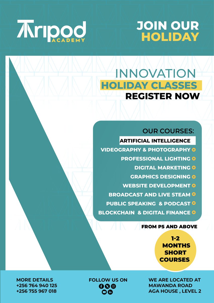 TRIPOD_ACADEMY's tweet image. Happy New Month from Tripod Academy!

May this month bring new ideas, bold creativity, and exciting learning. Ready to build your future? Our AI &amp;amp; Media classes are here to help you shine! 

📞 0764 940 125 | 0755 967 018

#HappyNewMonth #TripodAcademy #FutureReady #LearnWithUs