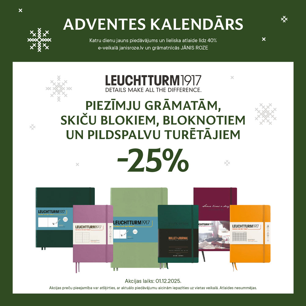 Sveiciens Ziemassvētku gaidīšanas laika ievadā! Šodien veram vaļā mūsu Adventes kalendāra pirmo lodziņu! Tajā 25% atlaide LEUCHTTURM1917 piezīmju grāmatām, skiču blokiem, bloknotiem un pildspalvu turētājiem: janisroze.lv/advent Lai izdodas pierakstīt visu svarīgo!