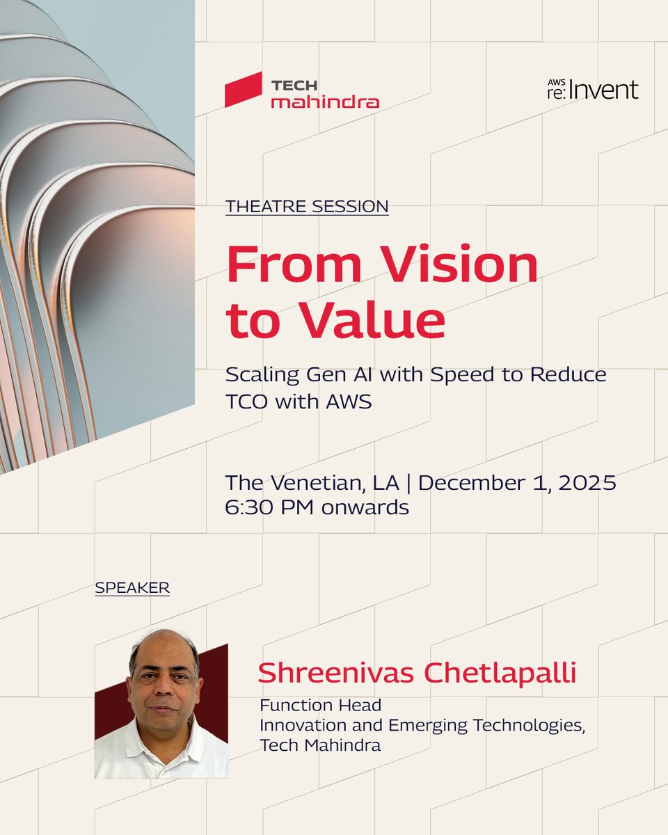 tech_mahindra's tweet image. Join us at AWS re:Invent 2025 for an engaging theatre session on how enterprises can move beyond experimentation and unlock real business value with #GenAI at scale.

On 1 December at 6:30 PM, @tech_mahindra and AWS will share insights on accelerating GenAI adoption, reducing…