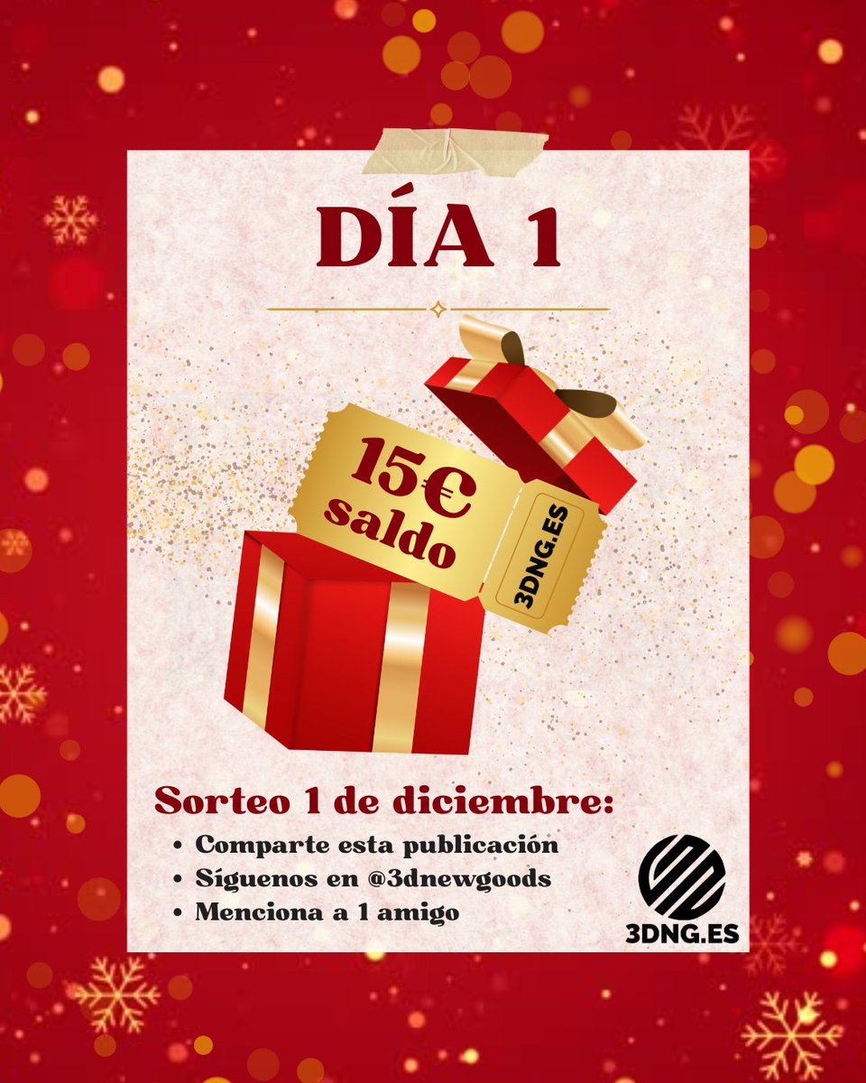 ¡Buenos días, #Goodies!

Empieza el calendario de Adviento de 3DNG, hoy con un vale por 15€ de saldo en nuestra web 3dng.es 

Daremos al ganador a las 22:00 🥳🥳

¡Mucha suerte a todos!