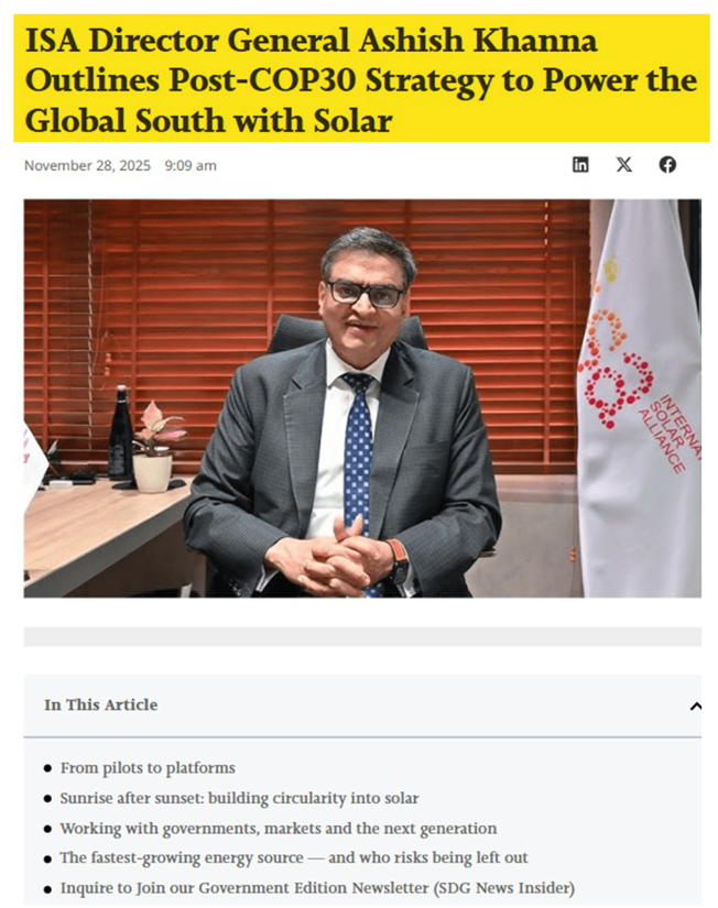 isolaralliance's tweet photo. #MediaClips
During #COP30, in a conversation with @SDGNews_, Mr @Ashish_Khanna spoke about what will shape the next solar growth in the Global South.
He stressed that the transition needs technology and finance in addition, it must also be powered by entrepreneurs, and youth, to make it inclusive and long-lasting.
He explained how ISA is turning this vision into action.
One major initiative is the SIDS platform, which brings together countries from the Pacific, Asia, Africa and the Caribbean under a single digital procurement system for solar and storage.
Mr Khanna also highlighted the work of the Global Solar Facility, including the Africa Solar Facility, which supports decentralised renewable solutions like solar water pumps and mini-grids.
Watch the full conversation between Mr Khanna and @HeetaLakhani 👇
https://t.co/mBY2mjnVaz
#GlobalSouth #SIDS #AfricaSolarFacility #SolarPower #EnergyAccess #EnergyTransition #AmbitionToAction #VoicesForSolar #Solar #Youth #SolarFacility