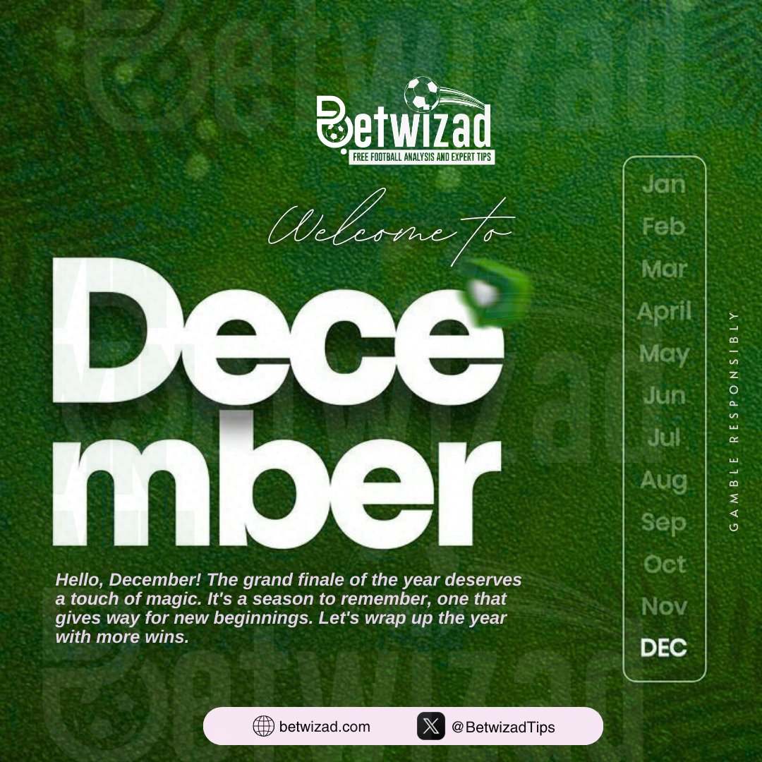 BetwizadTips's tweet image. Hello, December! 👋 New month, new beginnings and a final push for HUGE wins!✅️✅️✅️🏆💰💫

Don't miss out on our expert analysis.
​ Visit 🔗 betwizad.com now! #BetResponsibly

HAPPY NEW MONTH 🎊

#BetwizadTips ​#DecemberWins #BettingTips #FreeAnalysis