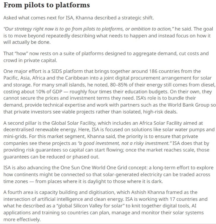 isolaralliance's tweet photo. #MediaClips
During #COP30, in a conversation with @SDGNews_, Mr @Ashish_Khanna spoke about what will shape the next solar growth in the Global South.
He stressed that the transition needs technology and finance in addition, it must also be powered by entrepreneurs, and youth, to make it inclusive and long-lasting.
He explained how ISA is turning this vision into action.
One major initiative is the SIDS platform, which brings together countries from the Pacific, Asia, Africa and the Caribbean under a single digital procurement system for solar and storage.
Mr Khanna also highlighted the work of the Global Solar Facility, including the Africa Solar Facility, which supports decentralised renewable solutions like solar water pumps and mini-grids.
Watch the full conversation between Mr Khanna and @HeetaLakhani 👇
https://t.co/mBY2mjnVaz
#GlobalSouth #SIDS #AfricaSolarFacility #SolarPower #EnergyAccess #EnergyTransition #AmbitionToAction #VoicesForSolar #Solar #Youth #SolarFacility