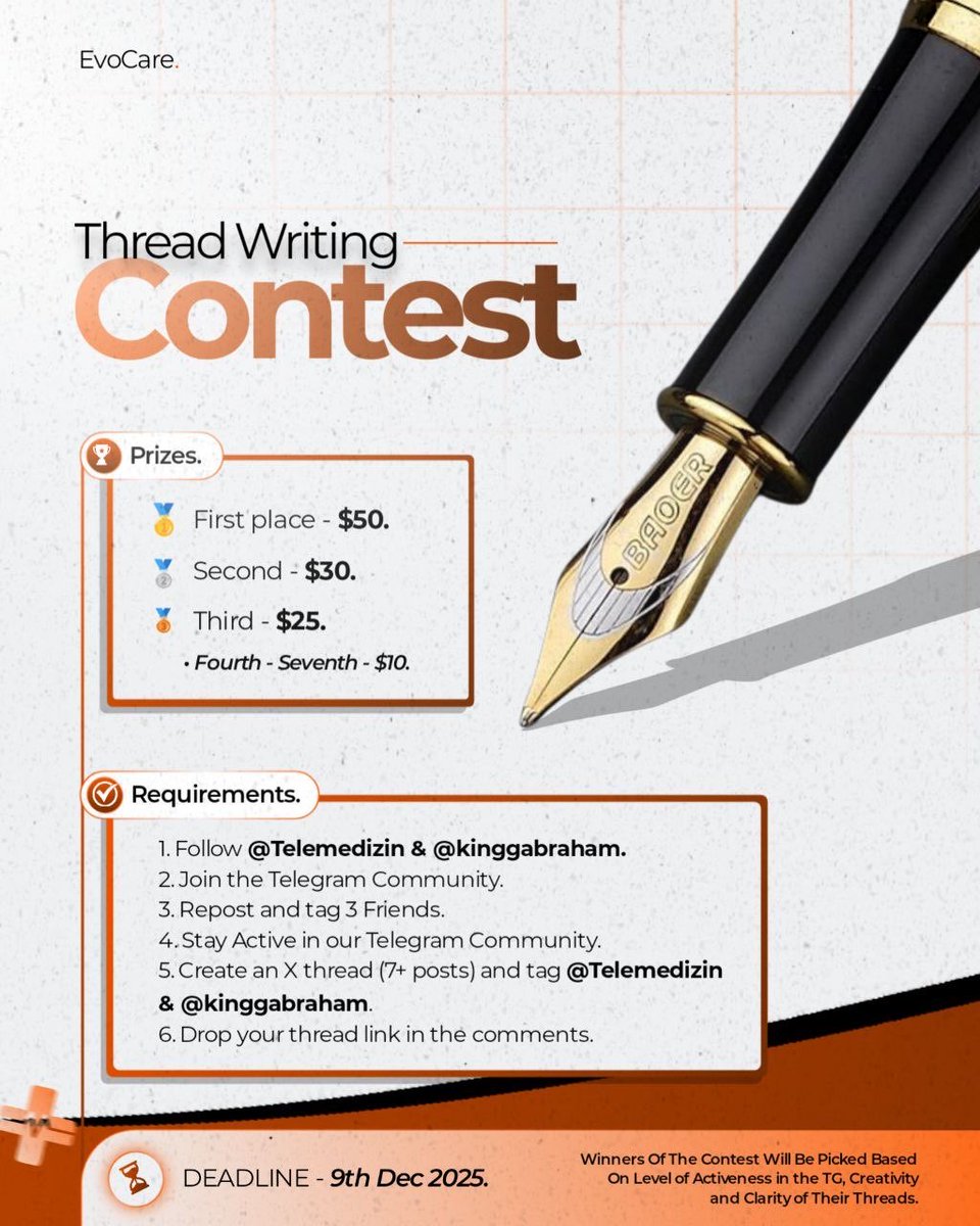 Telemedizin's tweet image. THREAD WRITERS, GATHER AROUND! 

We’re kicking off a Thread Contest, and this one is for the creators who know how to turn a simple idea into something people actually want to read.

If you believe you’ve got that magic touch, this is your moment.

Write your best thread about…