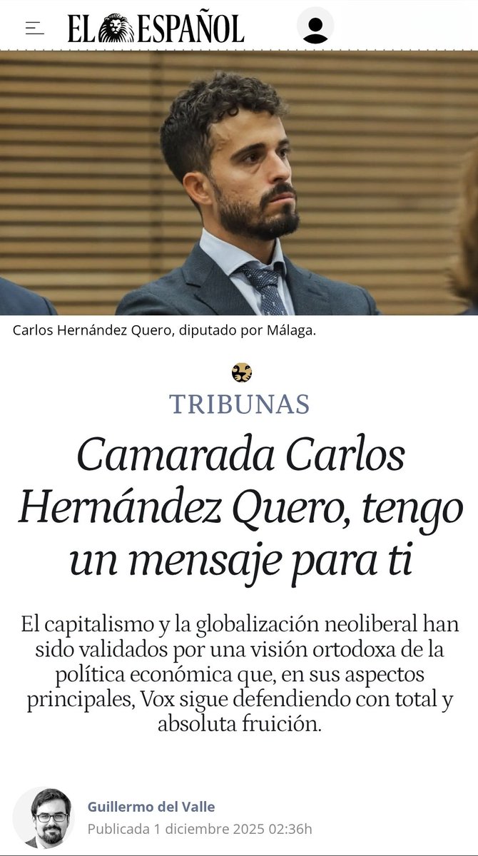 izquierdaesp's tweet image. Camarada Carlos Hernández Quero @CarlosHQuero , tengo un mensaje para ti.

Vox puede disfrazarse de partido “social” hablando de vivienda y de justicia material, pero sigue arrodillado ante el capitalismo neoliberal más clásico.

No se puede ser Robin Hood aplaudiendo a Milei.…