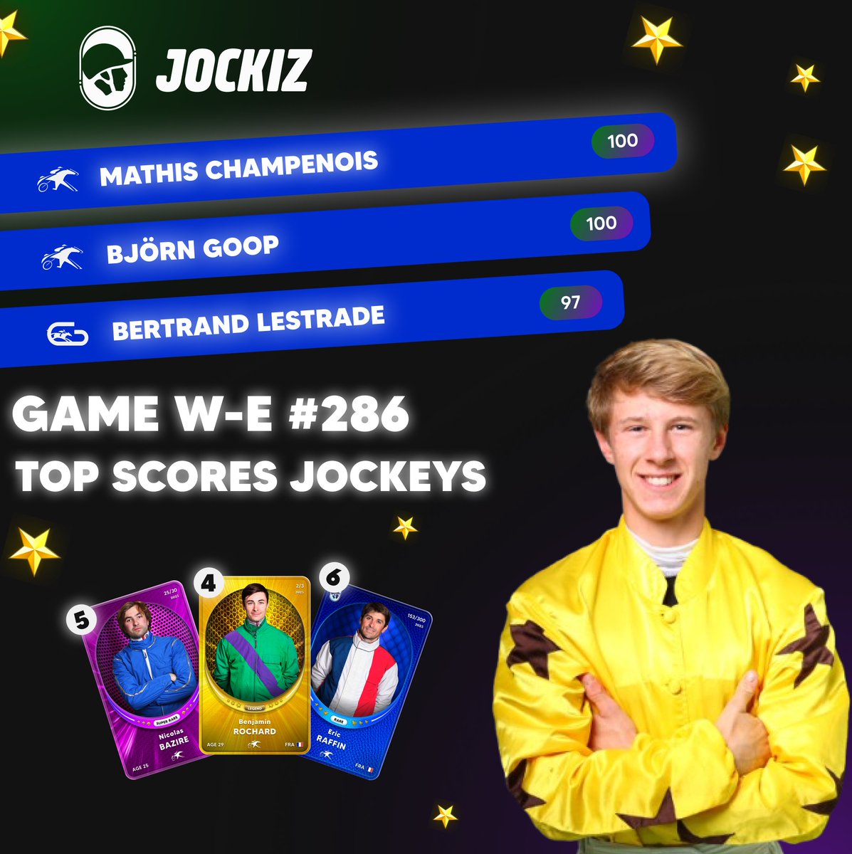 Top 3 des jockeys ce week-end 🔥
🥇 Mathis Champenois
🥈<a href="/GoopBjornGoop/">BjornGoopFans</a>
🥉<a href="/lestradebertra1/">Bertrand Lestrade</a>

Ajoute-les à tes équipes sur jockiz.com 🚀