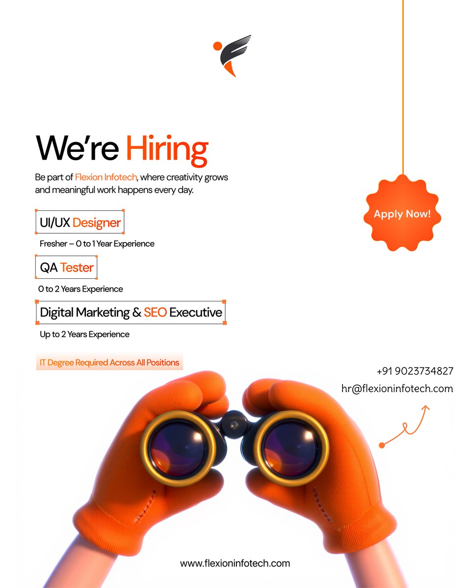 flexion_info's tweet image. Your next big move starts here
For graduates ready to grow with a creative tech team in Surat.
📅 5-Day Work Week | Paid Leaves | Festive Fun | Friendly Team | Annual Trips
📩 hr@flexioninfotech.com | +91 90237 34827
#uiuxdesigner #qa #digitalmarketing #seoexecutive #wearehiring