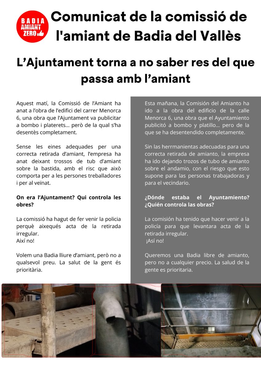 La Comissió de l’Amiant ha hagut d’intervenir a l’obra de Menorca 6 per una retirada d’amiant sense garanties. La policia ha aixecat acta.
On és l’Ajuntament? Qui controla les obres?
Badia ha d’estar lliure d’amiant, però sempre amb seguretat.
#Badia #Amiant