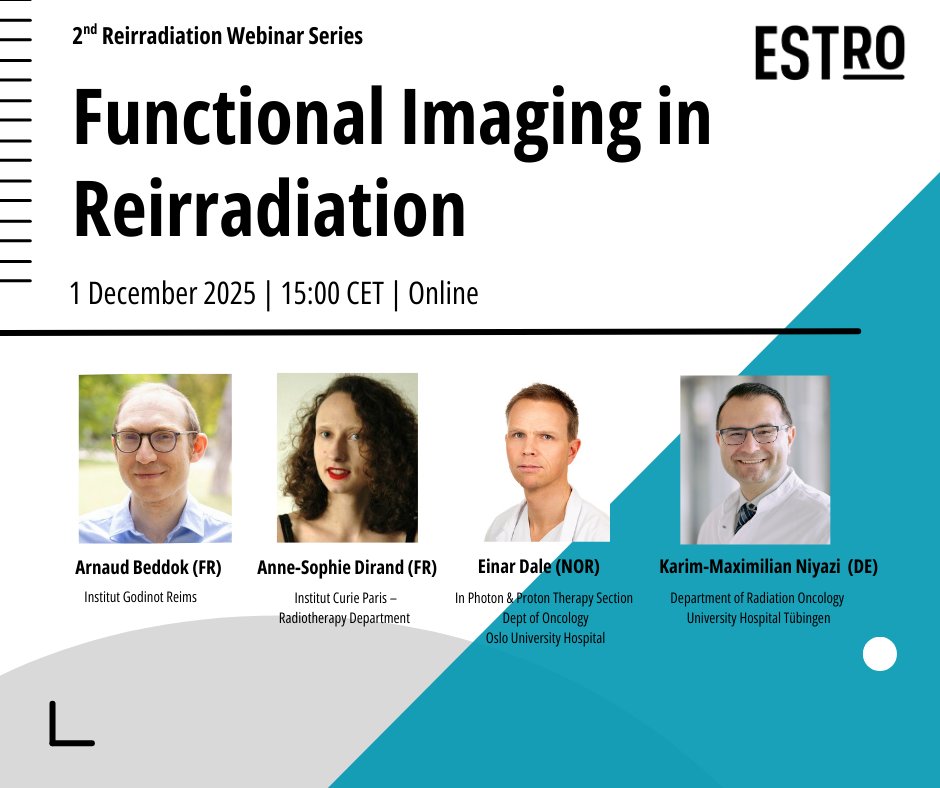 ESTRO_RT's tweet image. 🔔Join us today at 15:00 CET! The Functional Imaging in Reirradiation goes live this afternoon. 
🗓️ 1 December 2025
🕒 15:00 CET
📍 Online
Join us live and ask your questions⬇️
Register: bit.ly/4os4U7m
Programme: bit.ly/3JuqEkg
#Reirradiation #Radonc