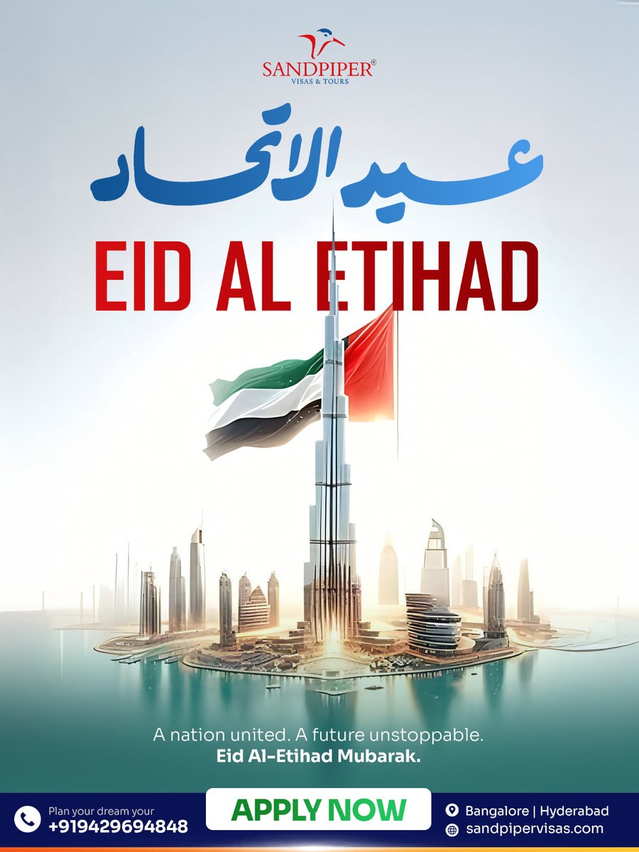 SandpiperVisas's tweet image. Celebrating the spirit of unity this Eid Al Etihad.
Wishing prosperity, progress, and endless opportunities for all.
 Sandpiper Visas — Your trusted partner in global travel.
 #EidAlEtihad #UAE #UnityDay #SandpiperVisas #UAESpirit #TravelWithSandpiper #ProudNation #VisitUAE