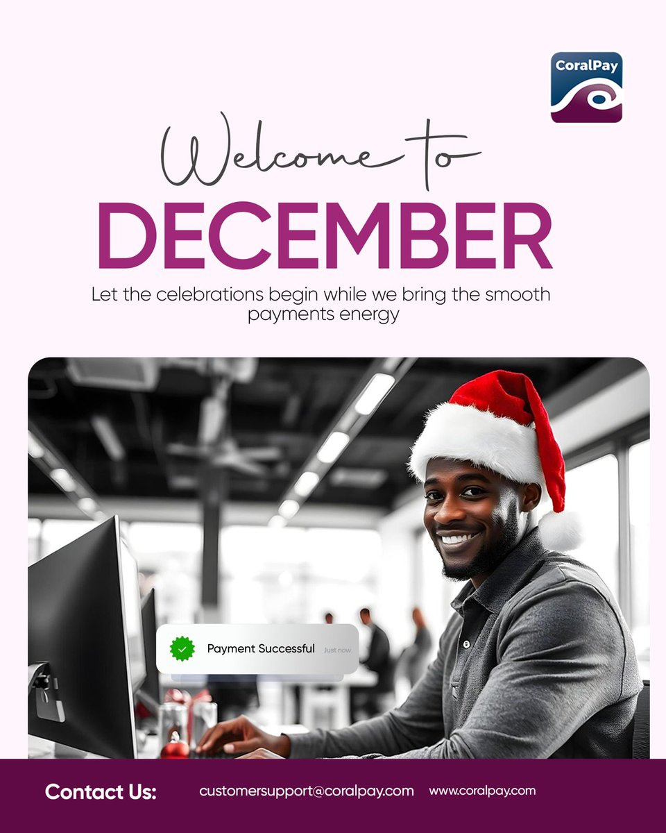 CoralPayTech's tweet image. Happy New Month and welcome to December. 
From all of us at CoralPay, thank you for trusting us to power your seamless payments every day.
#CoralPay #HappyNewMonth #FintechSolutions #DigitalPayments #NigeriaTech