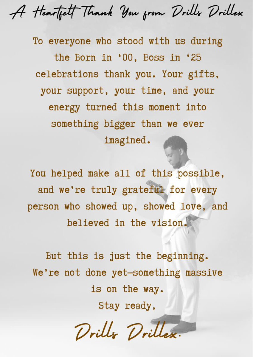 drillsdrillex0's tweet image. With hearts full of gratitude, we say thank you to everyone who stood with us during the Born in ’00, Boss in ’25 celebration. Your love, generosity, and unwavering support mean more than words can express. May God richly bless you all and reward you for every seed sown 🤎🙏🏽