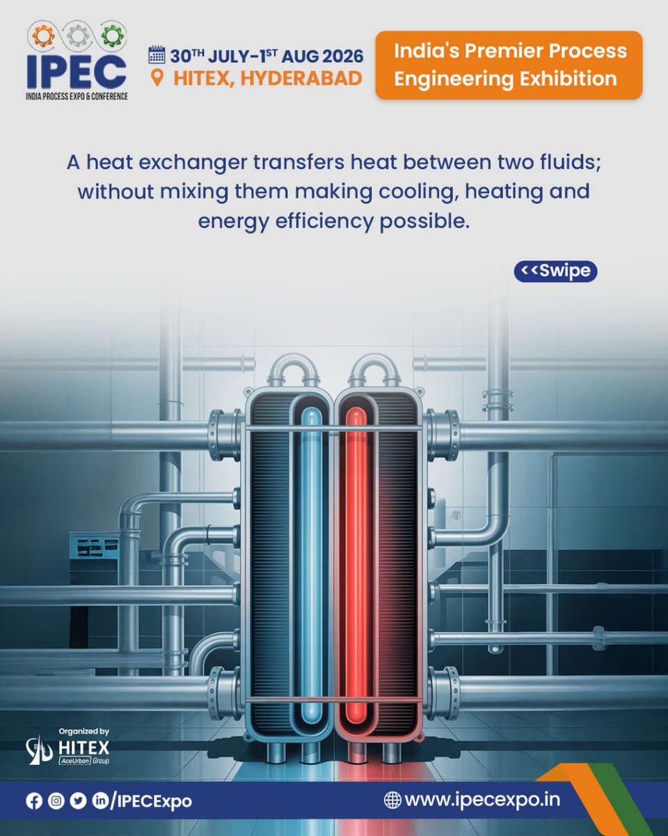 IPEC_EXPO's tweet image. Unlocking efficiency, one transfer at a time.
From refineries to pharma plants, heat exchangers keep every process stable, safe, and cost-efficient.

#HeatExchanger #ProcessEngineering #ChemicalIndustry #RefineryOperations #PharmaManufacturing #IPEC2026 #EngineeringInsights