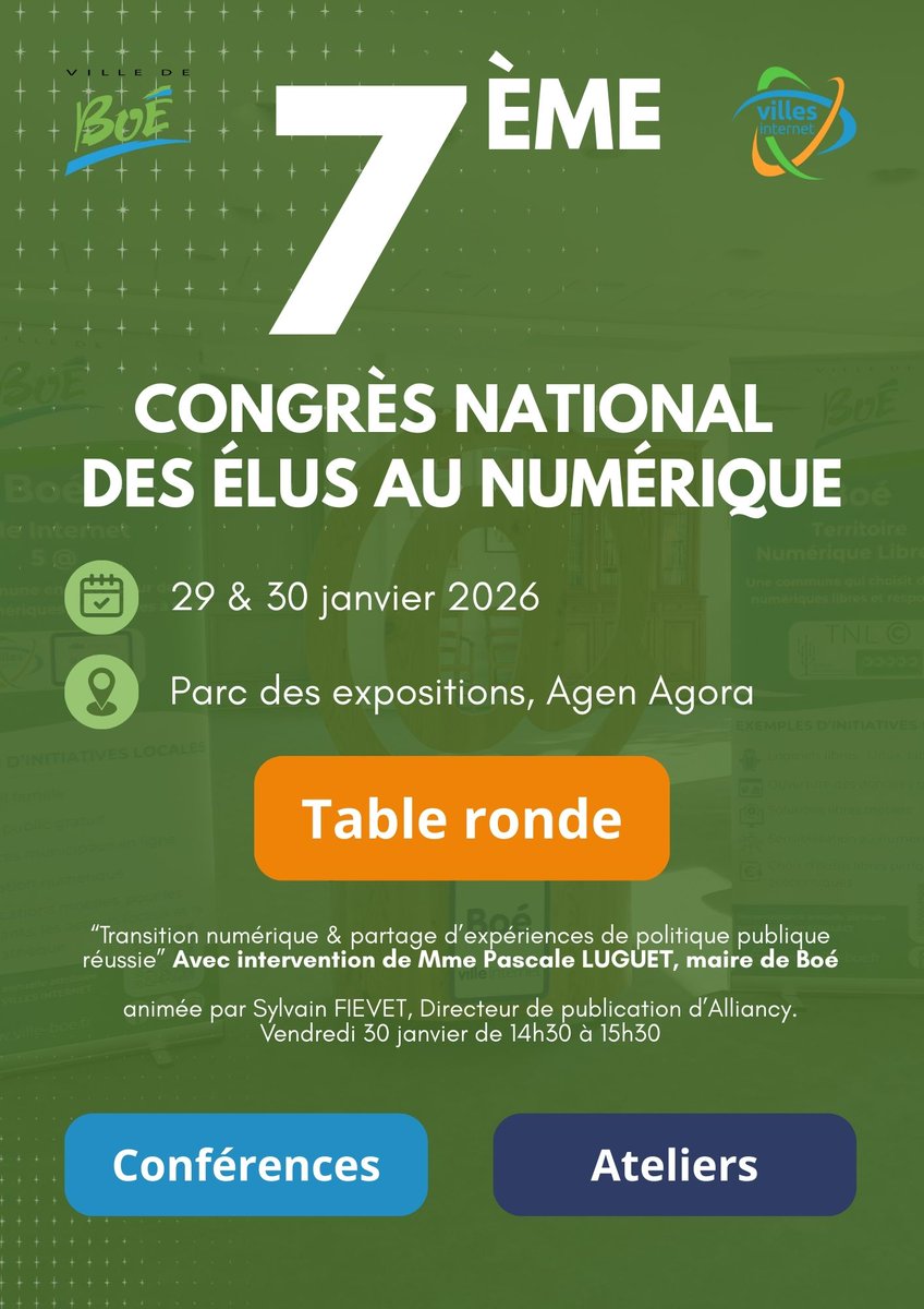 7e Congrès National des Élus au Numérique : Boé à l’honneur 🌐

Les 29 et 30 janvier à Agen se tiendra la 7ᵉ édition du Congrès National des Élus au Numérique.

ville-boe.fr/bouger-entrepr…

👉 #VillesInternet2026 #CongrèsÉlusNum