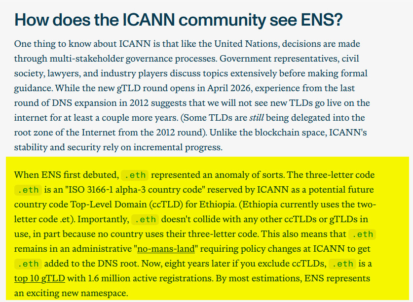 Le .ETH, souvent évoqué comme exemple de TLD pour le prochain round ICANN, ne verra certainement jamais le jour.

Il correspond au code pays de l’Éthiopie selon la norme ISO 3166... alpha 3. Norme bien connue pour sa version alpha 2 qui couvre la plupart des ccTLD actuels.
