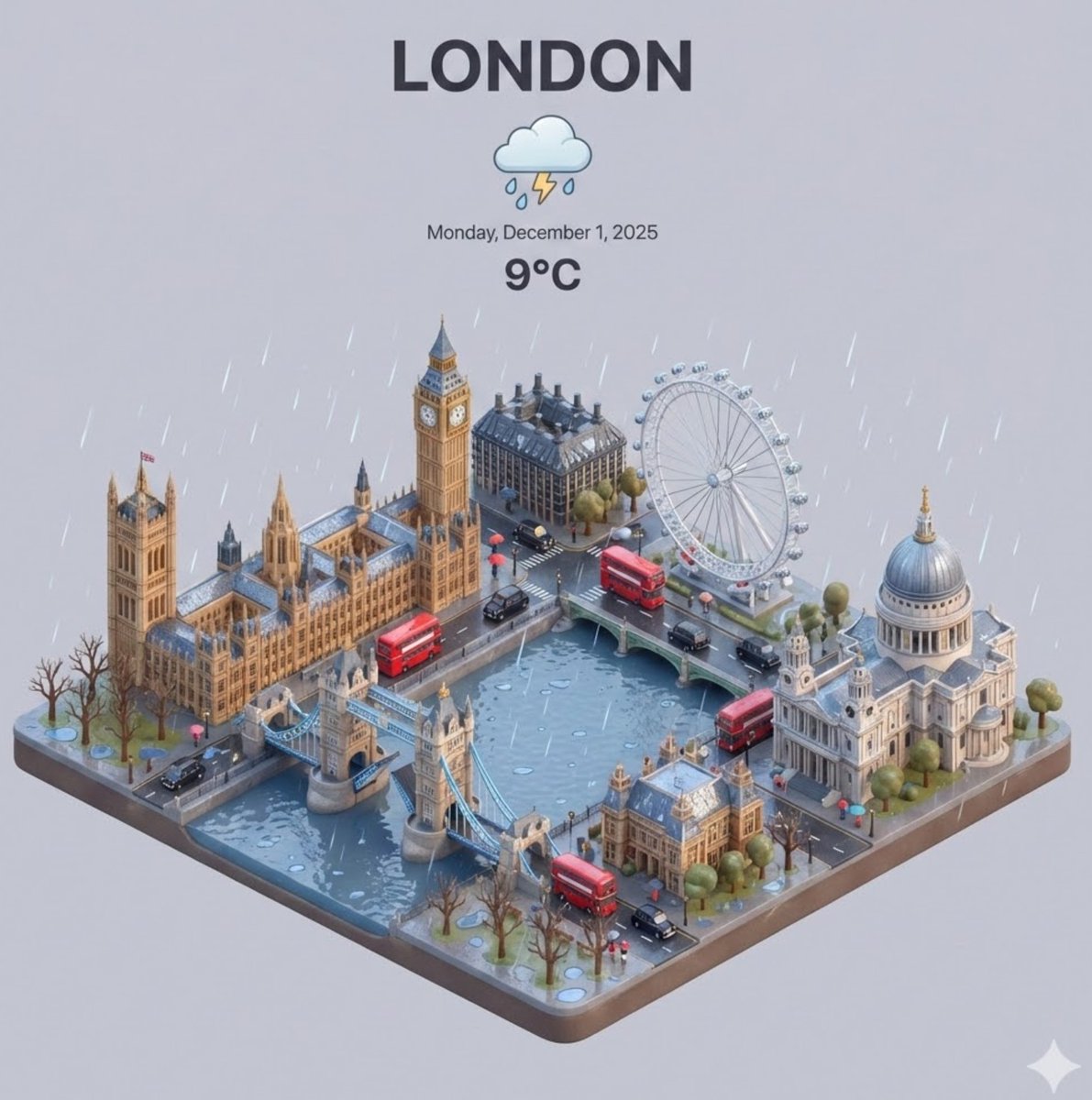 Present a clear, 45° top-down isometric miniature 3D cartoon scene of [CITY], featuring its most iconic landmarks and architectural elements. Use soft, refined textures with realistic PBR materials and gentle, lifelike lighting and shadows. Integrate the current weather