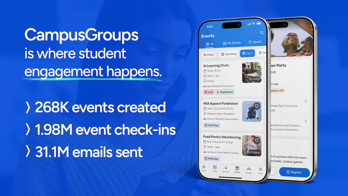 Our platform unites everything that drives student success: events, groups, communications, data, and more.

When students feel connected, they are more likely to succeed.
💡 Get to know CampusGroups: hubs.la/Q03Wdfj80

#StudentSuccess #StudentEngagement #EdTech