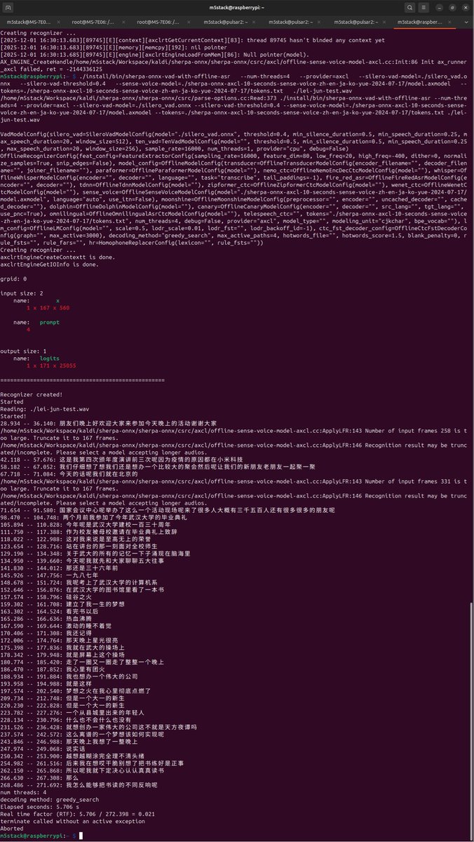 Abandonyou886's tweet image. LLM8850 supported sherpa-onnx。
The test model is SenseVoice-Small. RTF is only 0.021
Code: 
github.com/Abandon-ht/she… 
Model:
huggingface.co/Abandon-ht/Sen… #LLM8850 #M5Stack