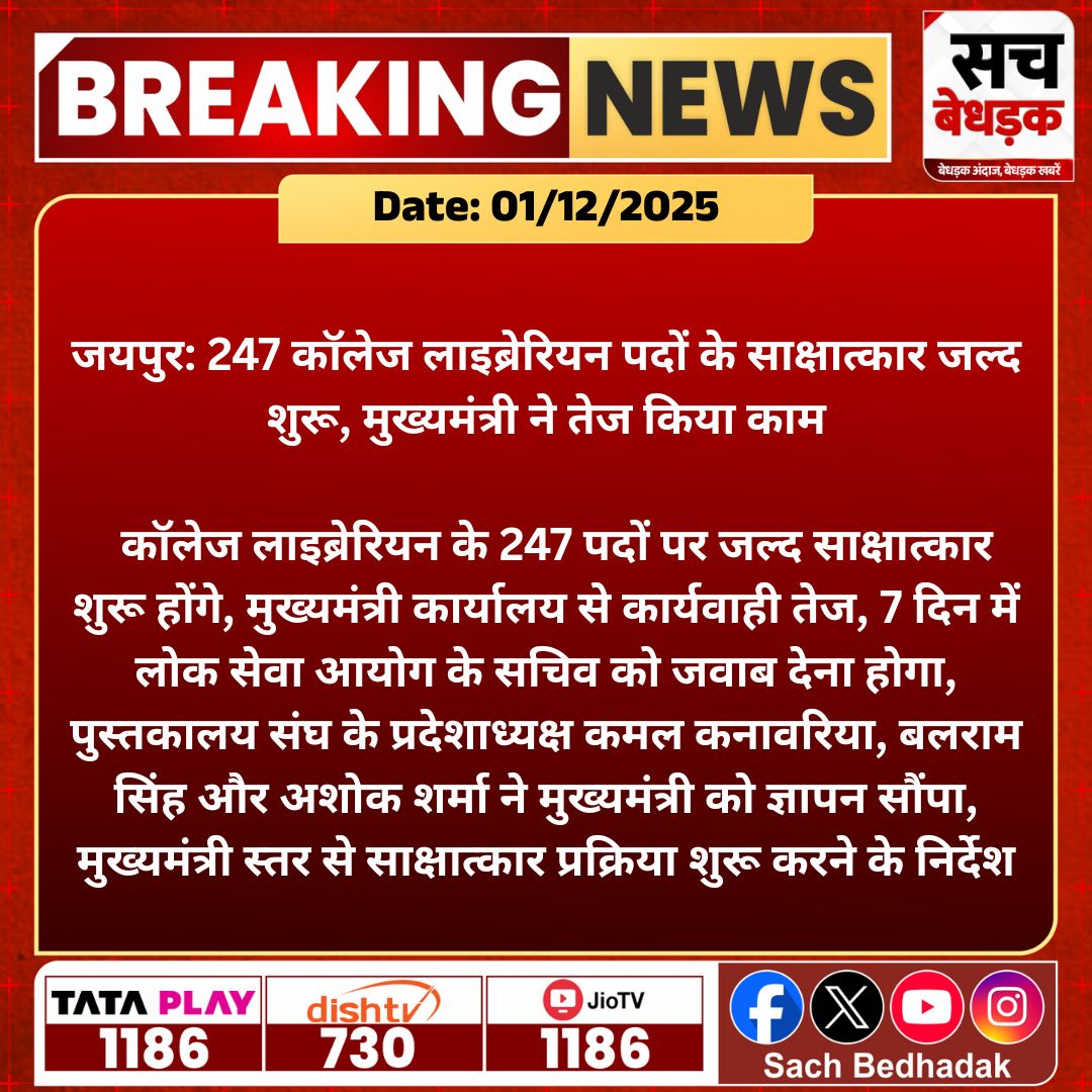 SachBedhadak's tweet image. #jaipur: कॉलेज लाइब्रेरियन के 247 पदों पर जल्द साक्षात्कार होंगे, मुख्यमंत्री कार्यालय ने प्रक्रिया तेज की।

@RajCMO @RPSC1 @rajeduofficial @Kunal_Alwar
#SachBedhadak #RajasthanNews #News #LatestNews #SBNews #Jaipur #LibraryJobs