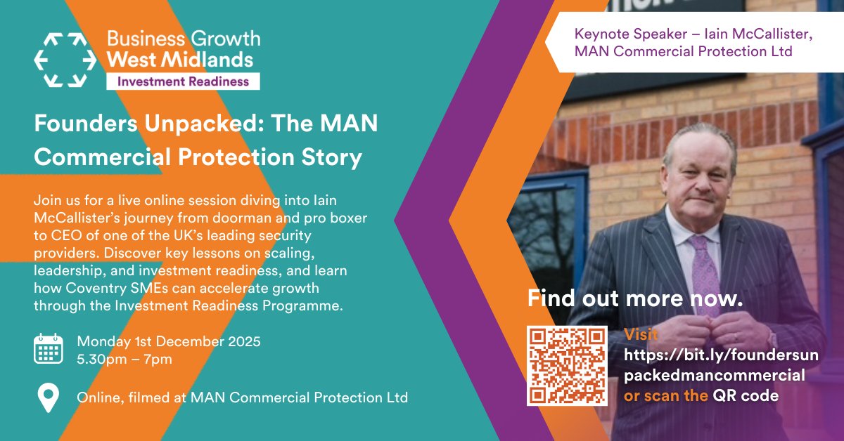 🚀 Join us for Founders Unpacked with Iain McCallister, CEO of <a href="/MANCommercial/">MAN Commercial</a>.

📅 1 December | 5:30pm–7pm
💻 Online Event

Book now 👉 bit.ly/foundersunpack… 

<a href="/BizGrowthWM/">Business Growth West Midlands</a> <a href="/WestMids_CA/">West Midlands Combined Authority</a>