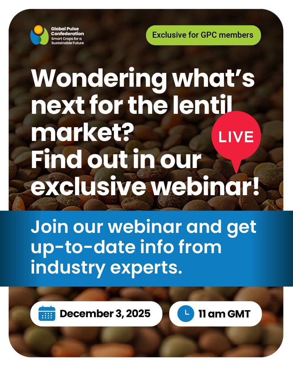 GlobalPulsesGPC's tweet image. If you grow or trade in lentils, we have the perfect webinar for you! For one hour, four industry experts will share their insights on the most important topics surrounding this crop.

⚠️ Event exclusively for GPC members. Join us to access!
globalpulses.com/memberships/

#GPC #Pulses