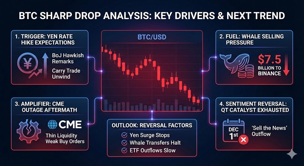 🚨 MARKET ANALYSIS: ANATOMY OF A CRASH 📉
Why did #Bitcoin plunge today? It was a "Perfect Storm" of 4 lethal factors.
1️⃣ Trigger: Yen Carry Unwind 🇯🇵
2️⃣ Fuel: $7.5B Whale Dump 🐋
3️⃣ Amplifier: Post-CME Outage Liquidity 🩸
4️⃣ Sentiment: QT "Sell the News" ❌
A deep dive into the