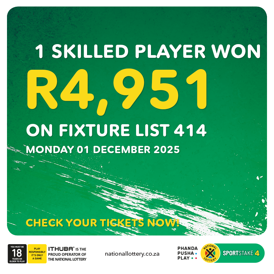 sa_lottery26's tweet photo. Here are the #SPORTSTAKE4 #FixtureResults, #Dividends for list 414 & #Fixturelist 415 with an estimated Jackpot of R6,000. Congratulations to the winner of R4,951. You are #InjaYeGame.
Players must be 18 years or older, play responsibly. https://t.co/wneN37rvRK