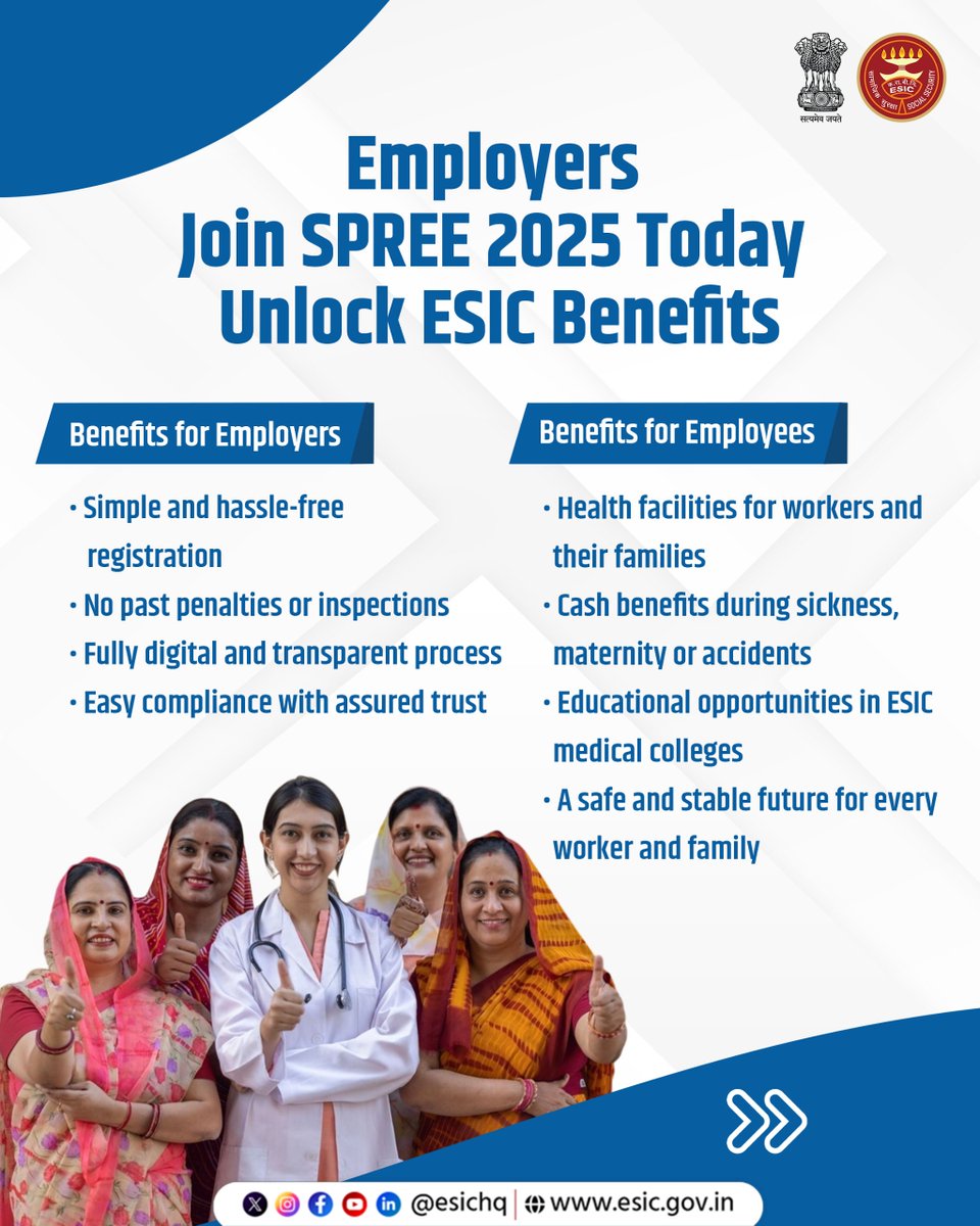 ESIC_SRO_Salem's tweet image. Register under ESIC’s SPREE 2025 initiative before 31.12.2025 &amp;amp; ensure comprehensive social security benefits for every employee in your organisation. Register now and avail the benefits of the scheme!#SPREE2025 #SPREE #ESIC