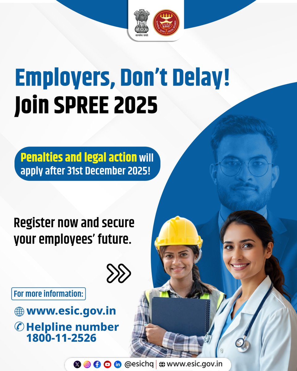 ESIC_SRO_Salem's tweet image. Register under ESIC’s SPREE 2025 initiative before 31.12.2025 &amp;amp; ensure comprehensive social security benefits for every employee in your organisation. Register now and avail the benefits of the scheme!#SPREE2025 #SPREE #ESIC