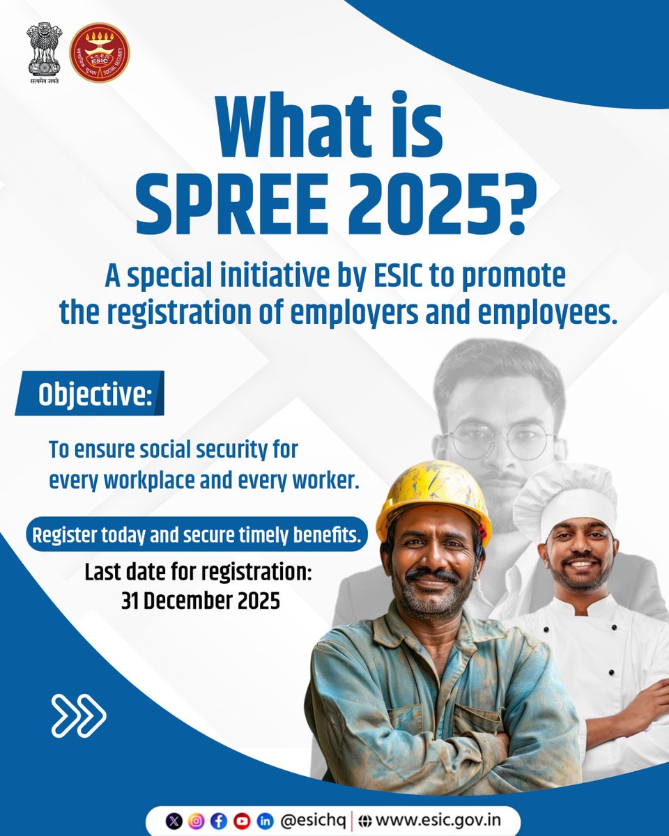 ESIC_SRO_Salem's tweet image. Register under ESIC’s SPREE 2025 initiative before 31.12.2025 &amp;amp; ensure comprehensive social security benefits for every employee in your organisation. Register now and avail the benefits of the scheme!#SPREE2025 #SPREE #ESIC