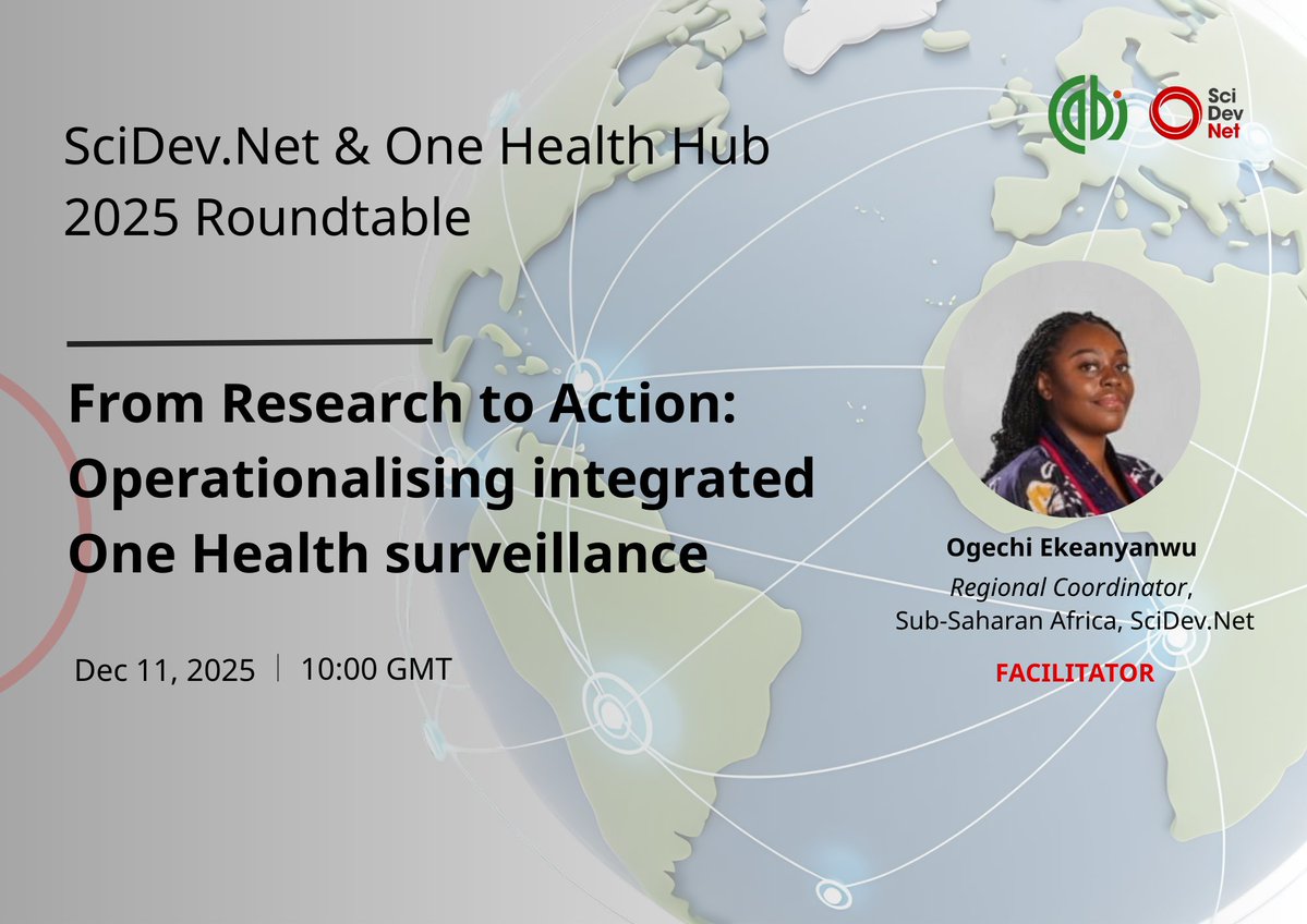 SciDevNet's tweet image. Join @SciDevNet and @CABI_News for a virtual event shaping practical approaches to implementing community-based surveillance systems!

🗓 11 Dec 2025 | 🕙 10am (GMT) | 💻 Online
📌 Topic: Operationalising integrated One Health surveillance
🔗 bit.ly/3M2o8CY