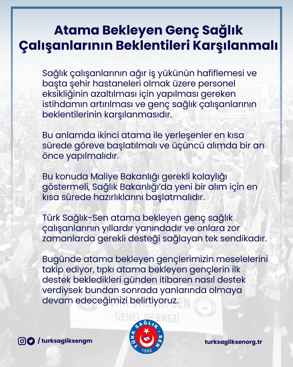 turksagliksengm's tweet image. Sağlık çalışanlarının ağır iş yükünün hafiflemesi ve başta şehir hastaneleri olmak üzere personel eksikliğinin azaltılması için yapılması gereken istihdamın artırılması ve genç sağlık çalışanlarının beklentilerinin karşılanmasıdır.

Bu anlamda ikinci atama ile yerleşenler en kısa…