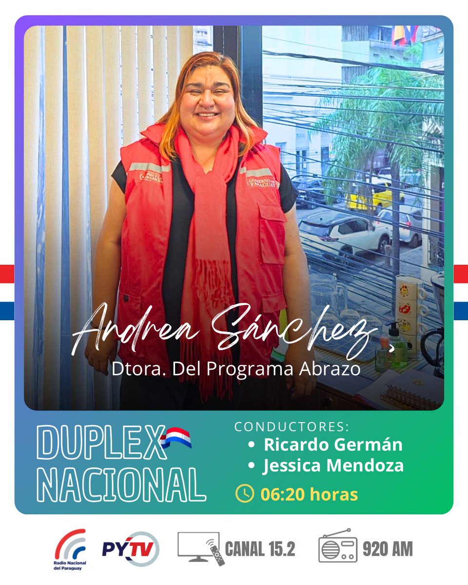 Hoy en #DuplexNacional recibimos a Andrea Sánchez, Dtora del Programa Abrazo del <a href="/MINNAParaguay/">Ministerio de la Niñez y la Adolescencia | Py</a> 

👉🏻Tema: Trabajo del MINNA durante las festividades de Caacupé 2025
📻 radionacional.gov.py 
📺 15.2
📺 paraguaytv.gov.py