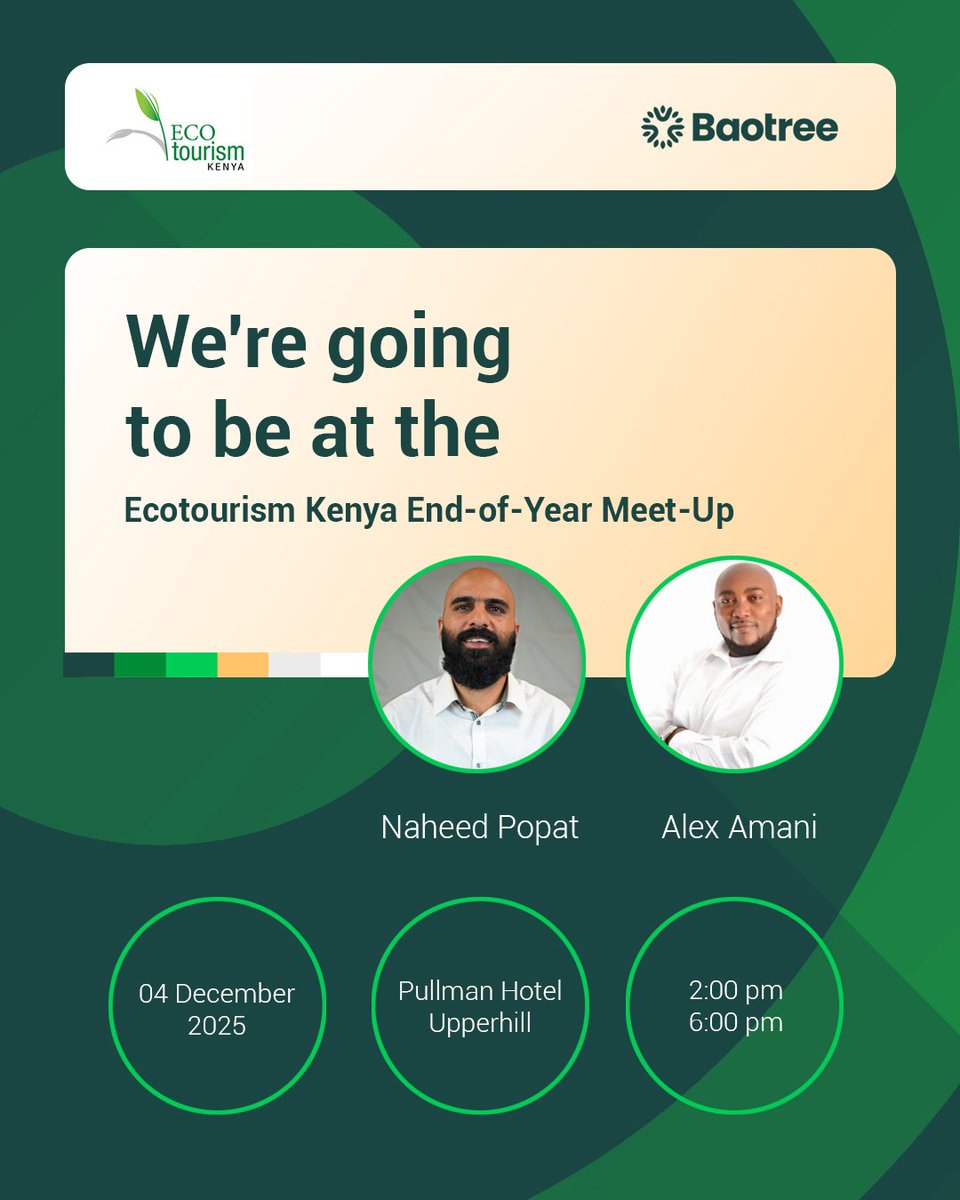 Baotree is thrilled to join the End-of-Year Exclusive Meet-Up by <a href="/ecotourismkenya/">Ecotourism Kenya</a> on 4 Dec 2025 in Nairobi!

An inspiring afternoon awaits; showcasing ideas, building partnerships, and shaping a more sustainable, inclusive tourism future.

#InclusiveTourism #SustainableTourism