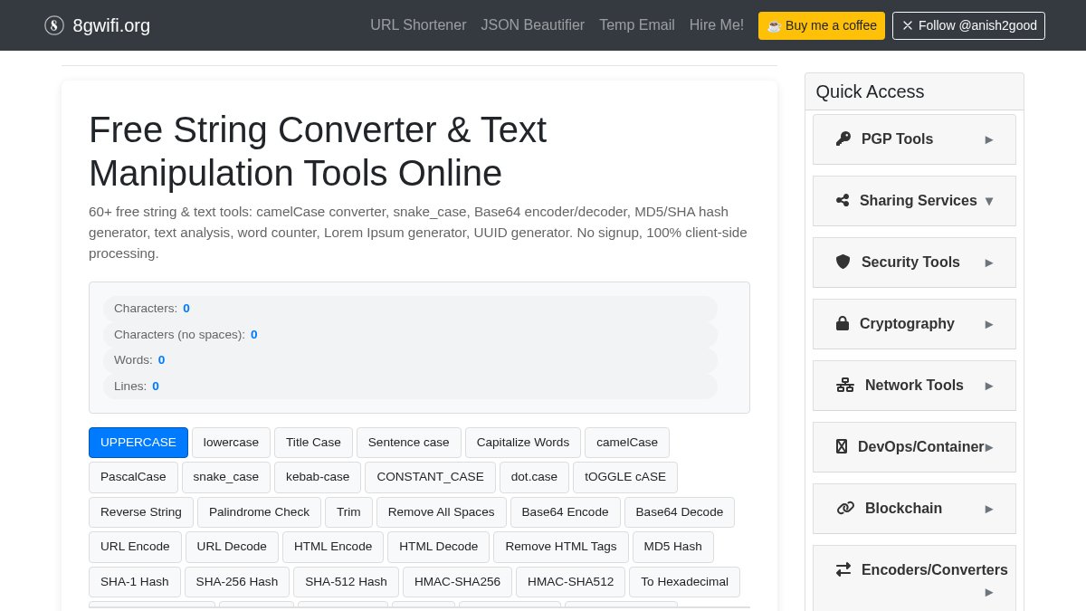 anish2good's tweet image. Unlock the power of text manipulation with 60+ free online string converter tools! From Base64 encoding to UUID generation, streamline your development process today. 🔧 Try it: 8gwifi.org/StringFunction… #Developers #DevTools #OpenSource