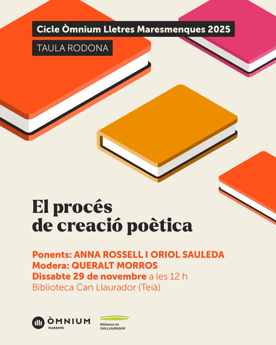 Maria Català Serra (Òmnium Maresme):

Els poetes Anna Rossell i Oriol Sauleda, de la mà de Queralt Morros, ens han regalat una ppassejada pel Procés de Creació Poètica. Un luxe:
facebook.com/share/p/1BoRLM…? mibextid=wwXIfr