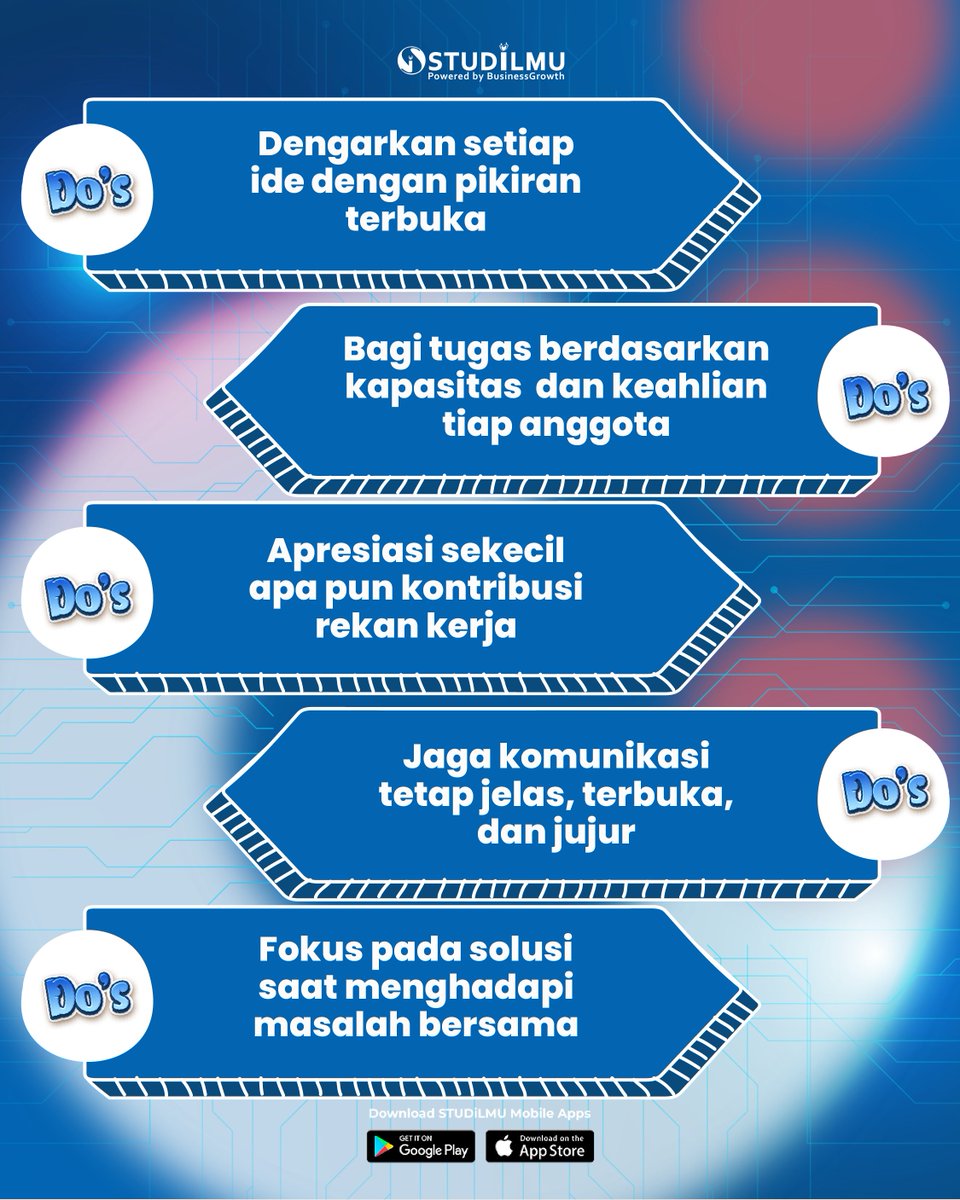 _luminagrowth's tweet image. Kerja sama tim yang solid membutuhkan lebih dari sekadar meeting rutin, tapi komitmen tulus dari setiap anggota.

Pelajari apa saja Do's ✅ &amp;amp; Don'ts ❌ yang harus kamu hindari agar tim kamu semakin kuat!

#STUDiLMU #BusinessGrowth #solidteam #kerjatim #kolaborasiefektif #teamwork
