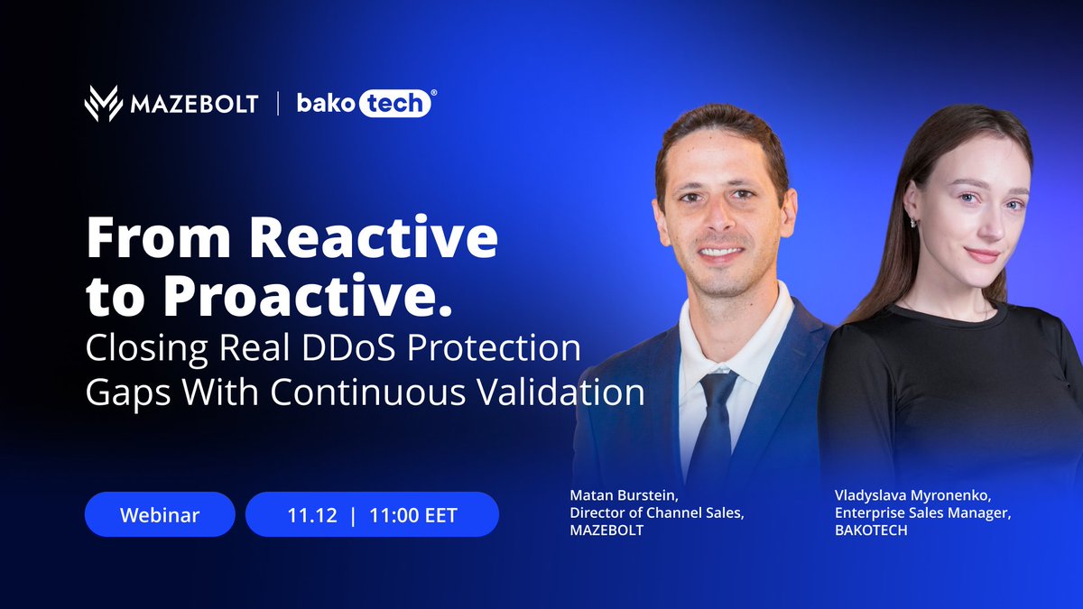 BAKOTECH's tweet image. Reactive tests ≠ real resilience.

Join our webinar with @Mazebolt  on Dec 11, 11:00 EET to learn how continuous DDoS validation uncovers blind spots before attackers do.

👉 Register → bit.ly/3KjxdH2

#DDoSProtection #ContinuousValidation #CyberResilience  #MazeBolt